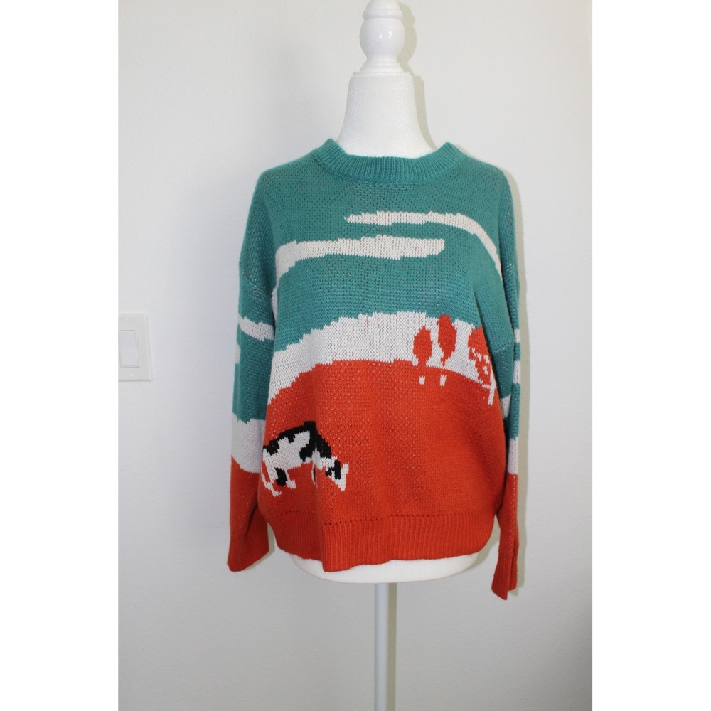 Women's Cow Landscape Intarsia Knit Sweater Teal Orange‎ Graphic Crewneck S